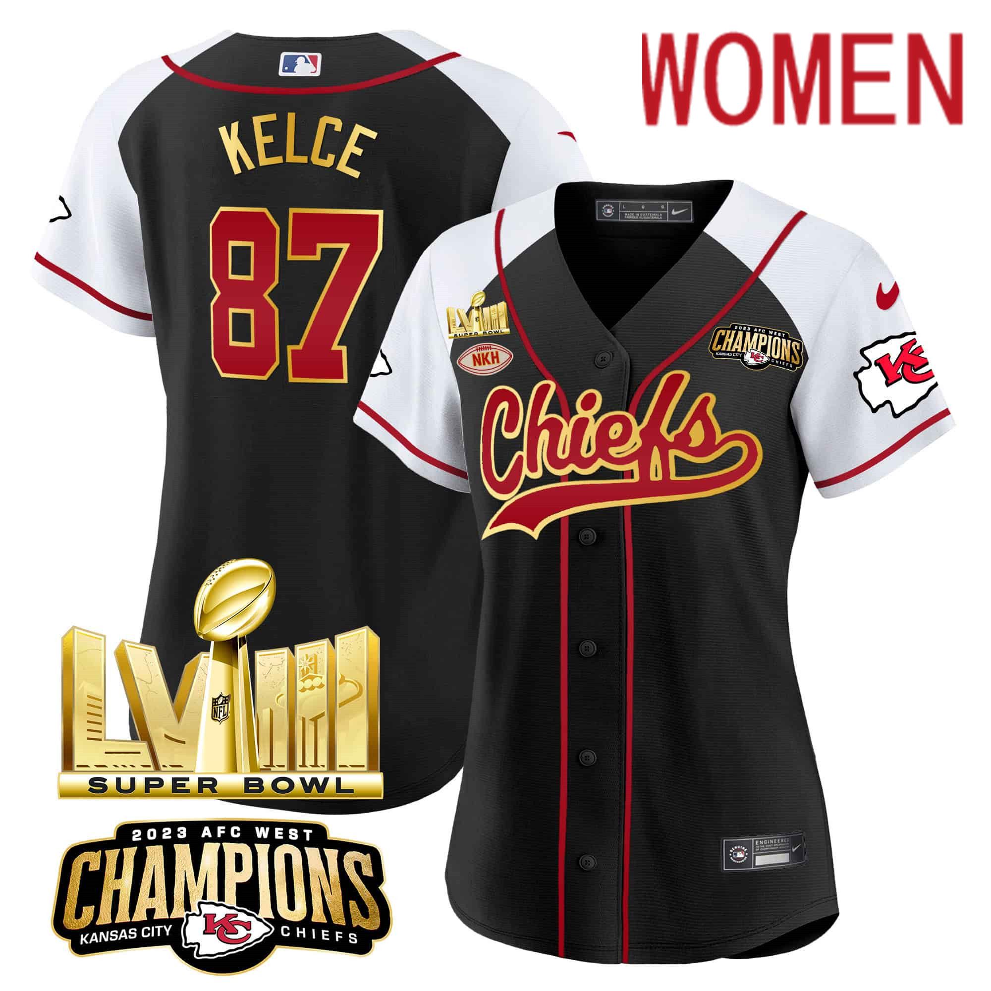 Women Kansas City Chiefs 87 Kelce Black 2024 Nike Super Bowl LVIII Back 2 Back Gold Patch Baseball NFL Jersey style 1